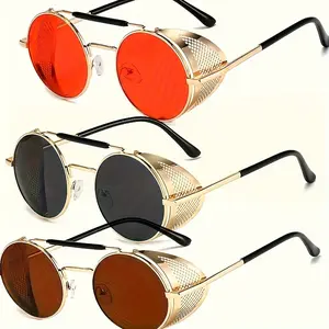 [3PCS Steampunk Flip Sunglasses] 3PCS/ party steampunk glasses side wind mesh sun glasses flip round metal fashion glasses
