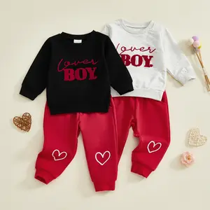 Toddler Baby Boy Valentine's Day 2 Piece Outfits Long Sleeve Crew Neck Letter Lover Boy Embroidery Tops Sweatshirt and Pants Clothing Set