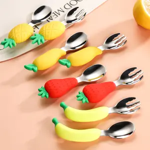 Silicone short handle tableware Cutlery Utensil Sets 304 stainless steel head children's fork and spoon to eat banana pineapple shape baby food grade