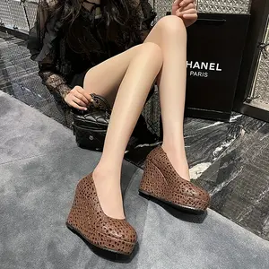 LISM Women's Fashion Wedge Heel Pumps - Round Toe, Slip-On, Perforated Design, Brown Faux Cover, Rubber Sole, Elegant & Stylish for Casual or Dressy Occasions, Versatile Shoes |   Slipon Heels |   Durable Wedge Pumps