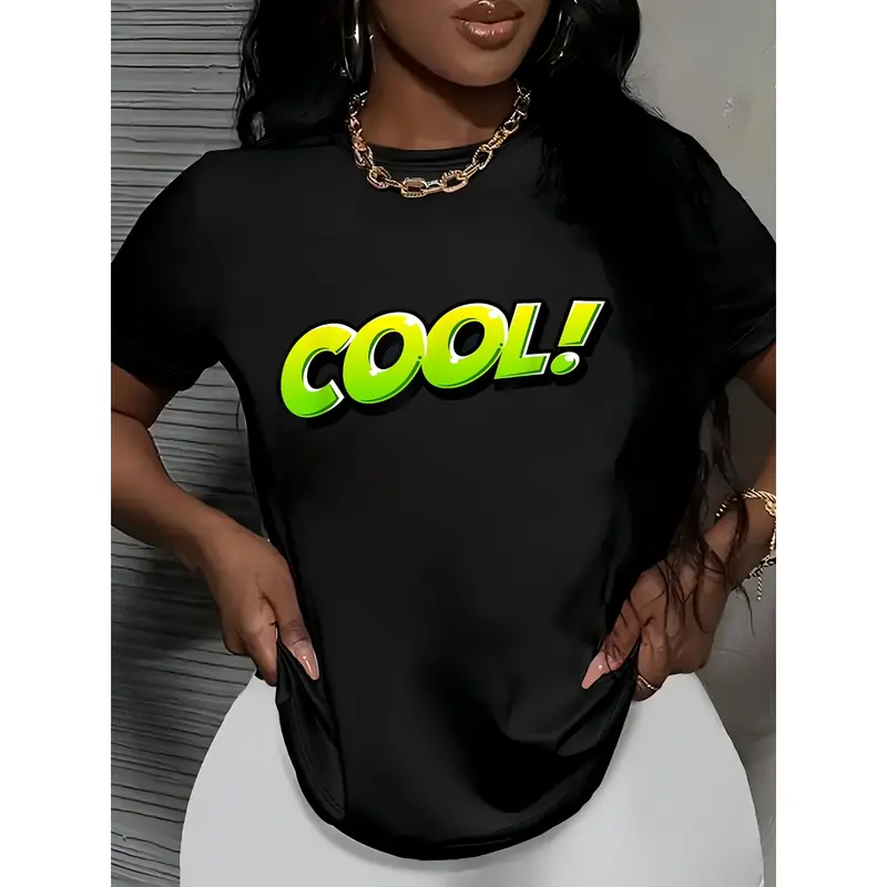 [Cool T-Shirt] 100% Cotton Women's Crew Neck T-Shirt | Black & Lime Green Short Sleeve Summer Top with Bold "COOL!" Graphic Print, Regular Fit, Machine Washable
