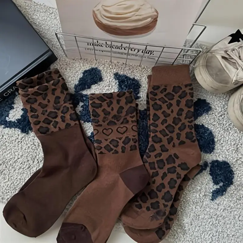 Melard 3 Pairs Autumn Winter New Leopard Print Coffee Color Fashionable Women's Mid-Calf Socks Spandex Knitted Trendy Versatile Womenswear