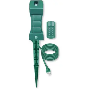 Outdoor Remote Control Power Stake with Photocell Timer 2/4/6/8 Hour Countdown, Dusk to Dawn, 3 Grounded Outlets 6FT Cord, UL Listed, Green
