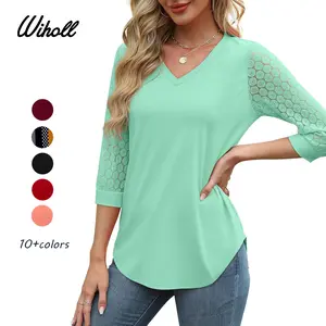 WIHOLL 3/4 Length Sleeve Womens Tops V-Neck Lace Tunic Tops Business Casual Blouses 2025 WIHOLL 3/4 Length Sleeve Womens Tops V-Neck Lace Tunic Tops Business Casual Blouses 2025