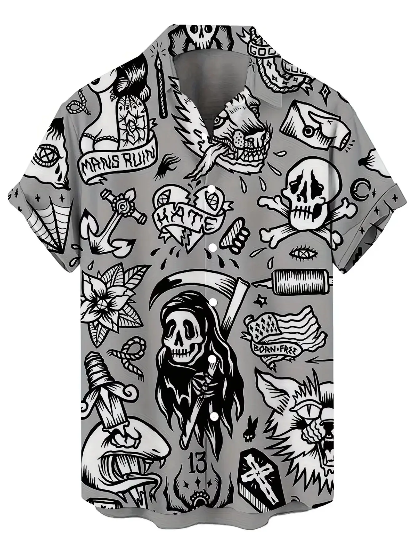 Skull Pattern Men's Hawaiian Style Tropical Short Sleeve Shirt Everyday Outfits, Trendy Casual Graphic Print Top, Summer Vacation Wear, Beach Travel Clothes, Must Have, Well Made, Wardrobe Essential