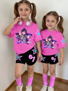 Teen Girls' Fashion Set, Colorful Star & Cartoon Print Round Neck Short Sleeve Top & Shorts, Summer, Loose Fit, Fashion Style Sets