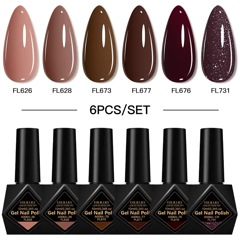 FourLily 6counts 10ml Coffee Tone UV Gel Nail Polish Set, Finger Nail Polishes, Brown Series Autumn Winter Nails, Soak Off LED Nail Gel, Gel Nail Polish for Manicure Nail Art, DIY At Home, Christmas Holiday Gift for Women and Girls