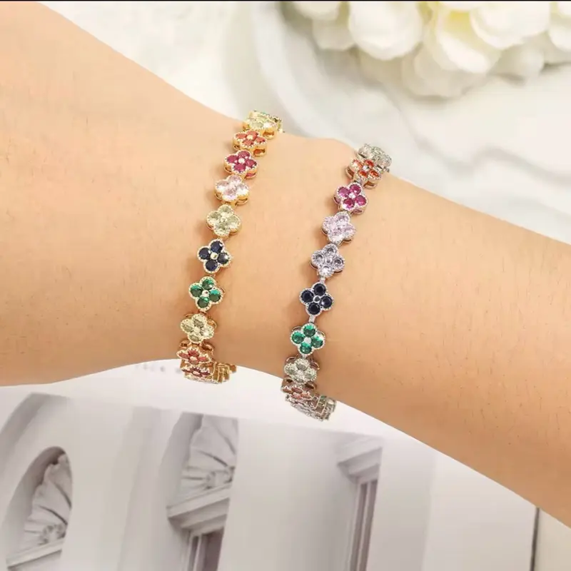 Rainbow Colorful Clover Zircon Bracelet Fashion Charm Gorgeous Charm Exquisite Cute Sweet Shining Crystal Jewelry Gift