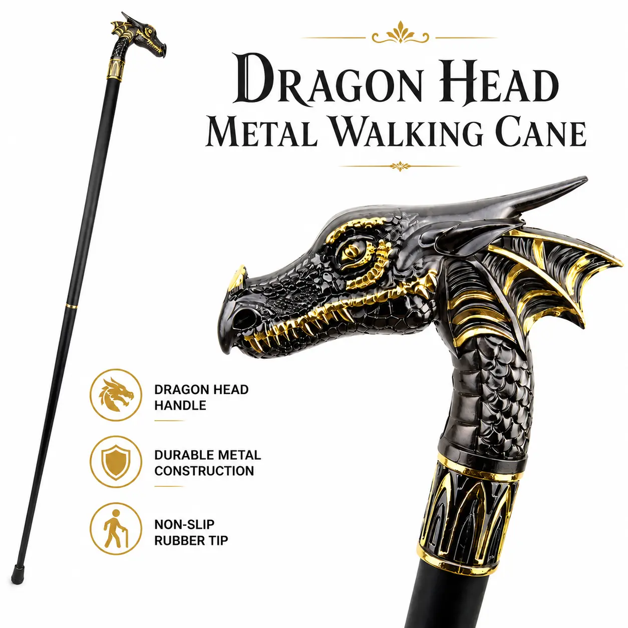 Walking Cane Metal Black and Gold Dragon Design Elegant for Daily Use Hiking Outdoor Walking