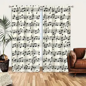 2pcs Window Curtains, A cream-colored sheet filled with black musical notes and staffs, forming a decorative pattern of sheet music without specific musical context.Window Drapes for Bedroom Living Room, Rod Pocket Window Treatment