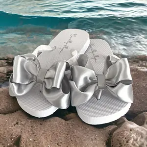 Cute White & Silver Flat Satin Bow Flip Flops. Bridal or Pool Party, Beach & Cruise Sandals, Spa Day