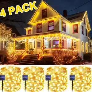 4Pack Solar String Lights Outdoor, Solar Powered 160FT 400LED Solar Fairy Lights, Waterproof Copper Wire & 8 Modes, Solar Twinkle Light for, Garden, Tree, Wedding, Christmas Decorations, Patio, Fence (Warm White)