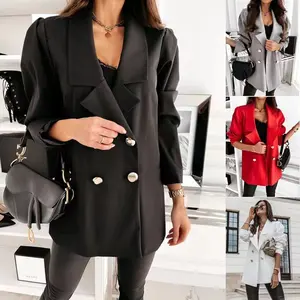 Double Breasted Blazer Fashion Casual Lapel Jacket Long Sleeve Fitted Polyester Suit Collar Button Tops for Women All Seasons - Womenswear