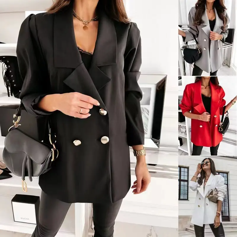 Women's Stylish Double-Breasted Blazer, Loose-Fitting Long Sleeve Suit Jacket with Lapel Collar, Plain Polyester, Comfortable, Asian Sizing, Chic, Minimalist, Fabric