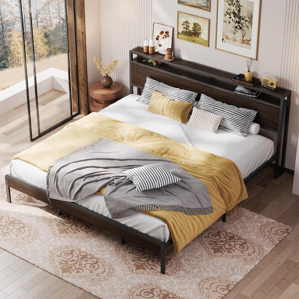 LIKIMIO California King Bed Frame with Headboard, Dark Wood Camas California King with Strong Supports, Sturdy, Noise-Free
