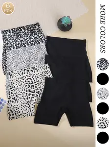 6 Pcs Leopard & Solid High-Waisted Women's Seamless Underwear Shapewear, Stretchy Comfortable Skin-Friendly Casual Bottoms, Fitted Waist Control, Leopard Print Shapewear