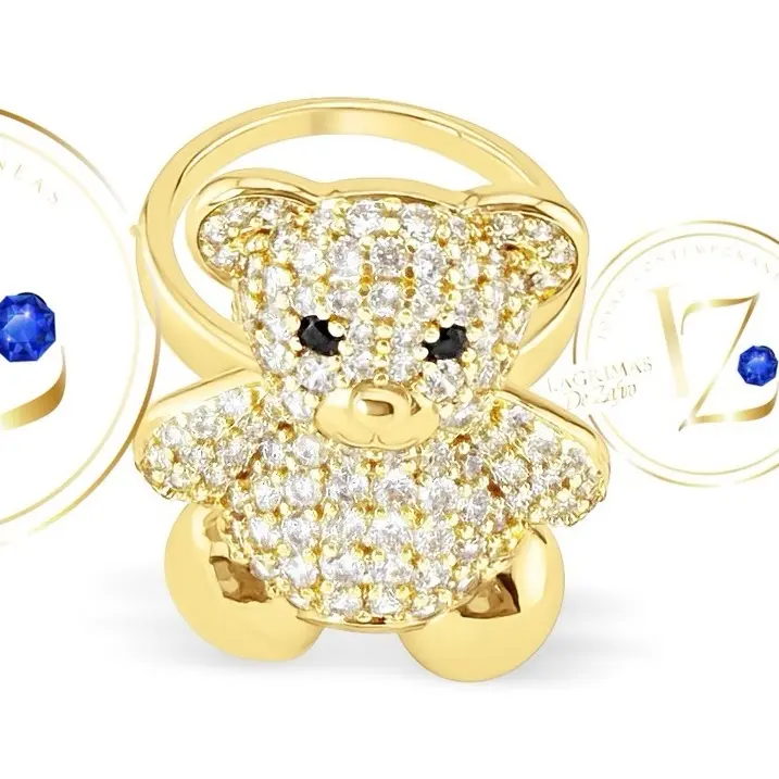 COD1022  Bear Ring with Clear Zircon, Gold-Colored Finish, Features a Reddish Design for Special Occasions