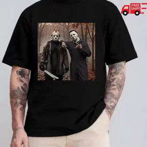 Graphic printed T-shirt gift for everyone Shirt, Friday the 13th, Jason and Michael Shirt, Horror Characters Friend, 90s Halloween Movie Shirt Designs Vintage Cotton Black Graphic T-Shirt Menswear Top Colorful Big