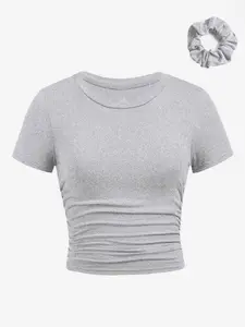 Girls' knitted round neck solid color short sleeved bottom top paired with delicate headband, simple style, basic, comfortable and warm, casual and versatile, slim fit and slimming effect Everyday