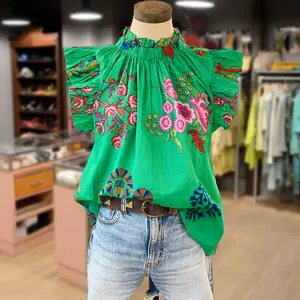 Cherrybetty Casual All Over Floral Print Ruffle Sleeve Tops Bohemian Green Casual Colorful women's summer outfits going tops going outfits cute summer outfit Turtleneck Blouses Light Boho flower Shirts blouses for Teachers and Mom