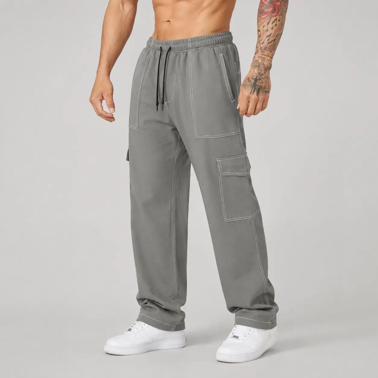 Men's Cargo Pants Loose Fit Straight Leg Utility Work Pants Elastic Waist Streetwear Casual Trousers
