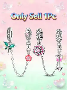 Single Piece Flower Safety Chain Charm, Dragonfly Cherry Blossom Arrow Design, Botanical Floral Jewelry for Pandora Bracelet