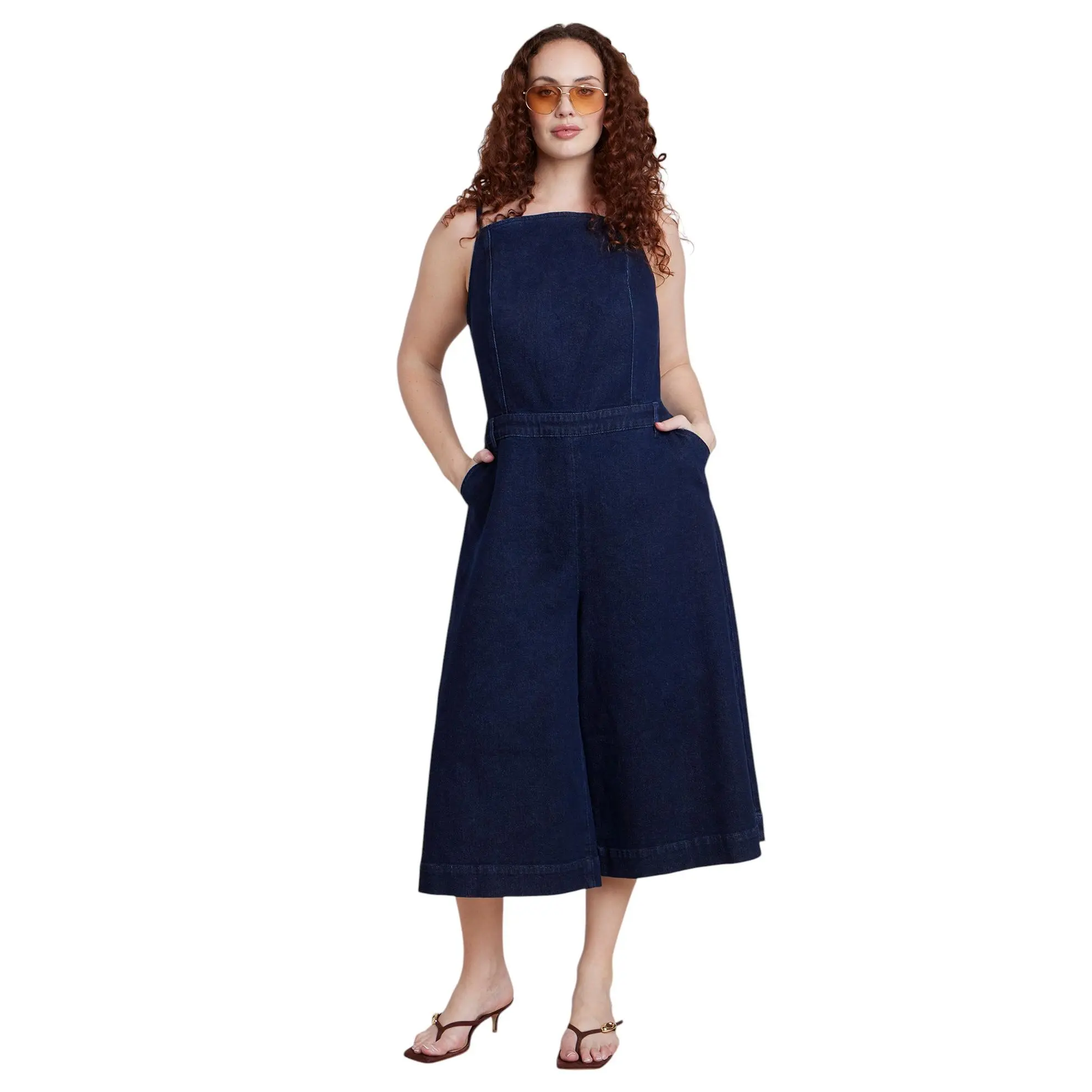 ELOQUII Women's Plus Size Stretch Denim Culotte Jumpsuit