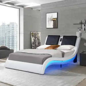 HGD Faux Leather Upholstered Platform Bed Frame with led lighting ,Bluetooth connection to play music control,Backrest vibration massage,Curve Design, Wood Slat Support, No Box Spring Needed,Queen floating bedframe