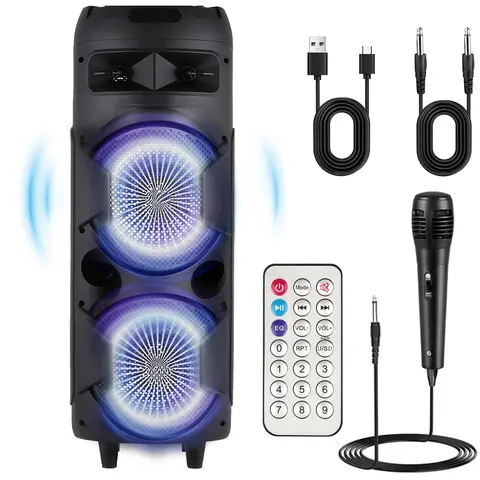 DAZONE Portable Wireless Bass Speaker System - Dual 8in Woofers, Wireless PA, TWS, Rechargeable Audio Device, 10 m Bluetooth Range, 3.5mm AUX Jack, USB, FM Radio, Remote Control, Mic Karaoke Ready, LED Lighting