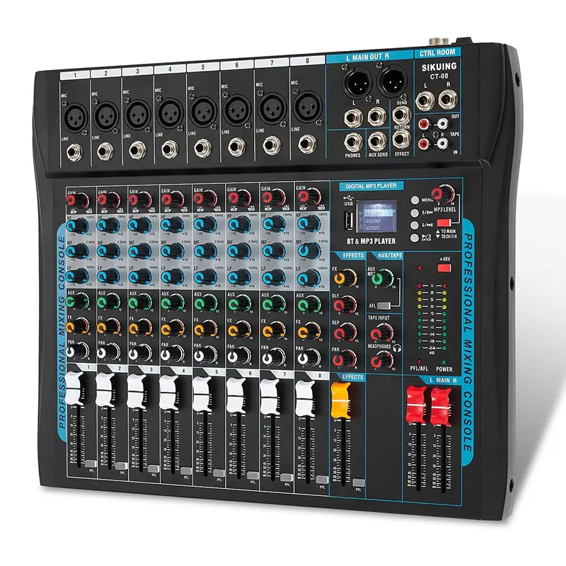 8-Channel Audio Interface Mixer Sound System - 8 Mic Inputs, 16 DSP Effects, +48V Phantom Power, Bluetooth, USB Port, Noise Reduction, XLR Input, DJs, Streaming for Professional Recording, Wedding Use with Smartphones & Computers