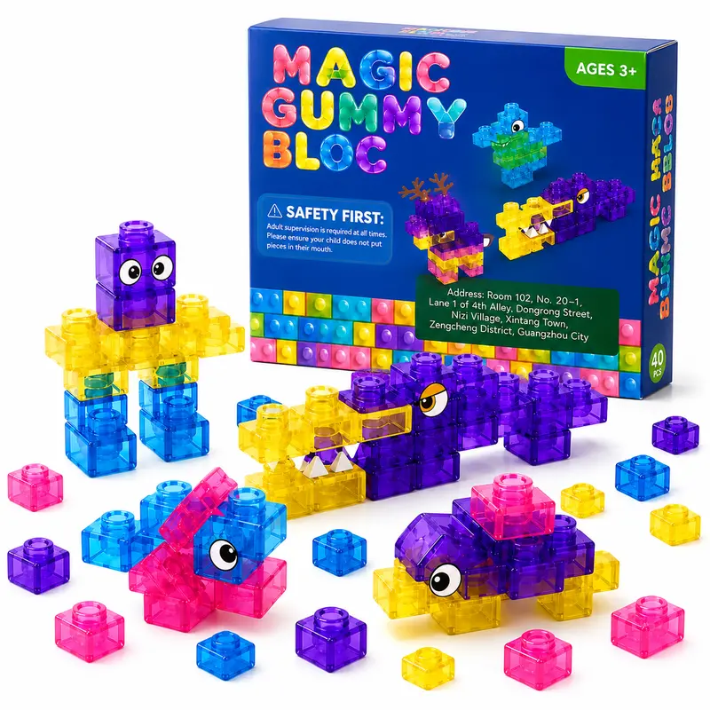 40-Piece Soft Jelly Building Blocks for Kids Ages 3+, Colorful Squishy Stacking Blocks for Creative Construction Play