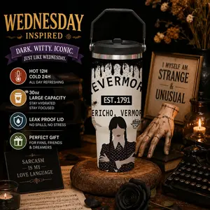 1 Pc 30oz Wednesday Addams Insulated Travel Mug, Double Wall, Leak-Proof, Stainless, Hot & Cold Drinks, Keeps Drinks Hot for 12 Hours, Cold for 24 Hours, Fan Gift, Stylish & Durable, Ideal for Everyday Use, Office, Gym, Travel & Outdoor Activities