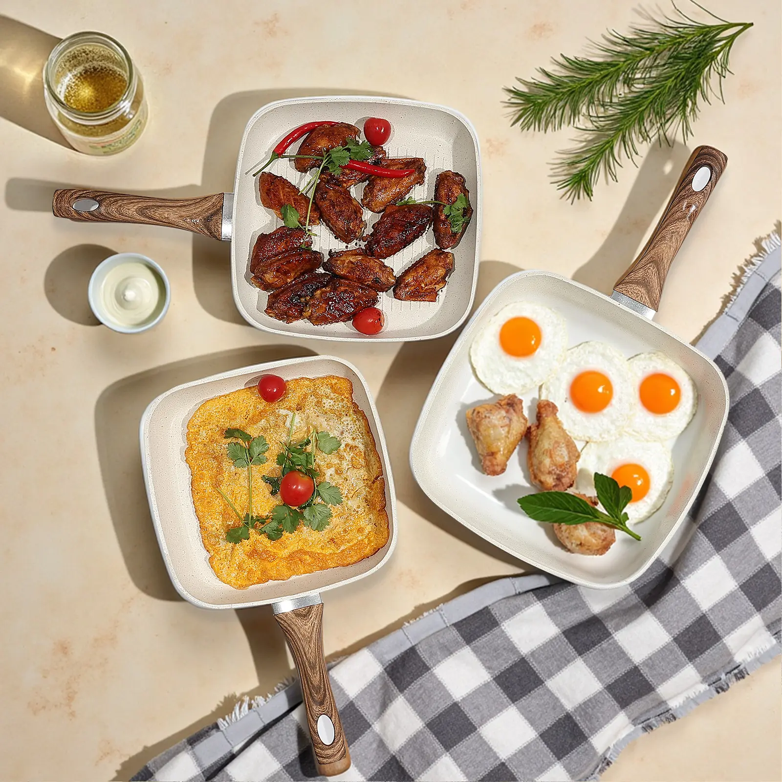 Beige-3Pcs Skillet Set
