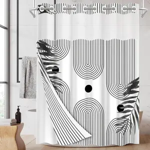 1PC 2D Flat black and white geometric pattern double-layer woven shower curtain (without hooks), transparent top window, detachable buckle type lining, modern personalized home bathroom partition art decoration, bathroom decoration, holiday decoration