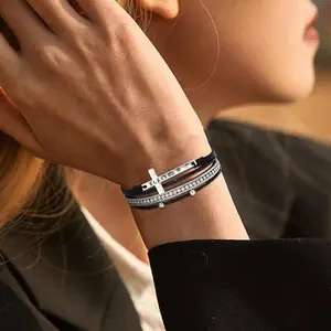 "BLESSED" Cross Leather Wrap Bracelet, Multi-Layer Religious Cuff Boho Cuff