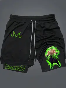 DRAGON BALL Print 2 in 1 Drawstring Waist Shorts,Quick Dry Swim Trunk,Majin Buu Loose Casual Pocket Track Shorts for Summer,Workout Clothes,Activewear,Casual Athletic Sport Short,Funny Sports Shorts