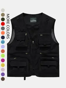 Men's Solid Multi-pocket Zipper Gilet, Loose Casual Outdoor Street Fashion Hollow Out V Neck Vest Jacket for Spring & Summer, Men's Clothes for Daily Wear, Garment