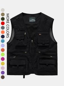 men's solid multi-pocket zipper gilet, loose casual street fashion hollow out v neck vest jacket for spring & summer, men's clothes for daily wear