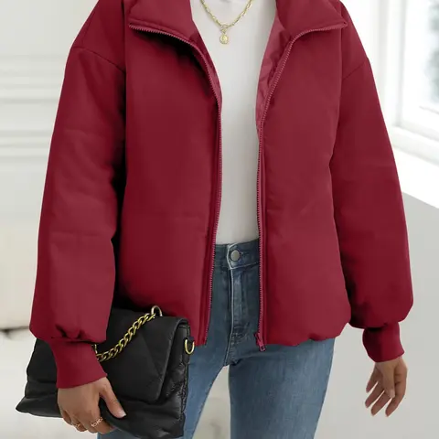 Women's Plain Funnel Neck Zip Up Puffer Woven Coat Jackets, Casual Fashion Drop Shoulder Long Sleeve Coat for Daily Outdoor Wear, Women Winter Clothing Loose Casual Jacket