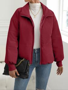 women's plain funnel neck zip up puffer coat, casual fashion drop shoulder long sleeve coat for daily outdoor wear, women winter clothing