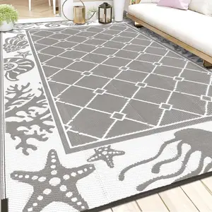 Reversible Rugs, Plastic Straw Outdoor Doormat, Fade Resistant Plastic Outdoor Patio Mat, Lightweight Ocean Area Carpet For Patio,RV,Camping,Beach,Deck,Backyard and Picnic (Grey, 6'x9')