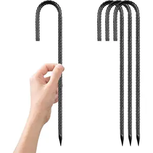 12 Inch Rebar Stakes J Hooks - Heavy Duty Ground Anchors for Gardening, Dog Fence, Tent, Trampoline, Camping, Tarps, Water Pipes - Black Coated Anti-Rust Metal Garden Stakes 4PCS for Secure Outdoor Anchoring in Wind & Storm, hooks for ground