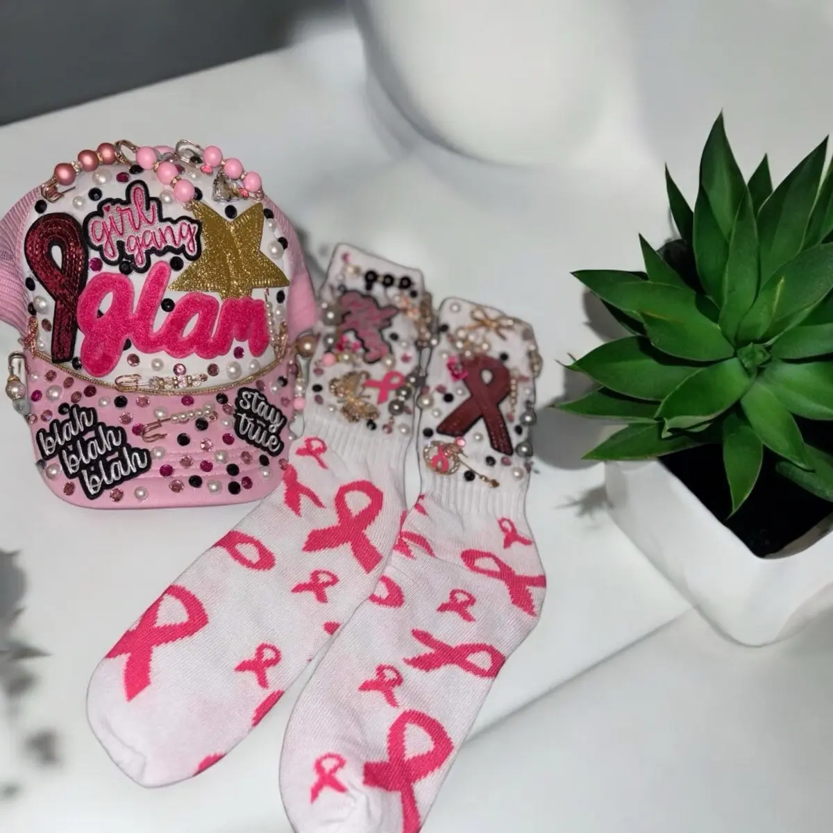 Breast Cancer Awareness SnapBack with B’Dazzle Charm Junk Socks Set