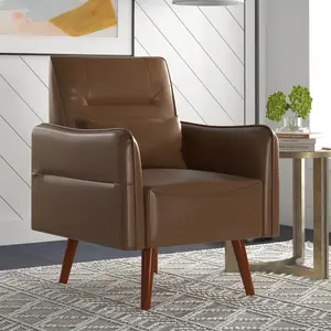 [Summer Deal] EBELLO Modern PU Leather Accent Chair, Coffee Brown Cozy Armchair with Wood Legs, Single Reading Chair for Living Room, Bedroom, or Office