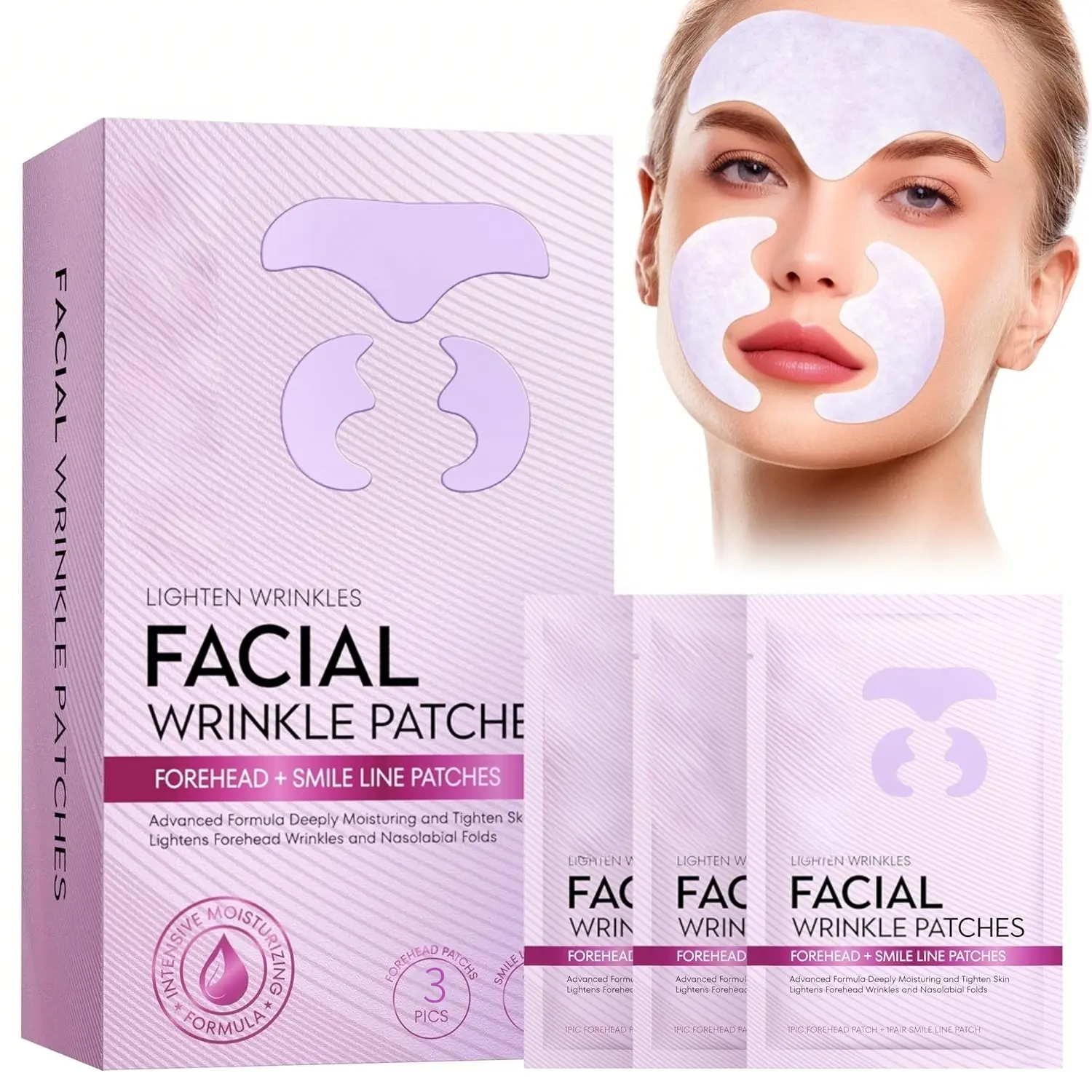 Overnight Face Smoothing Patch Set, 3 Pack Forehead & Nasolabial Fold Care Strips for Sleeping, Hydrating Hyaluronic Acid Skin Care Treatment, Moisturizing Face Mask, Collagen Face Mask