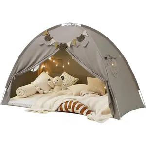 Twin Bed Tent for Kids, Bed Canopy Privacy Sleeping Dream Playhouse with Star Lights & Flags, Toddler Indoor Play Tent for Boys & Girls, Ideal Children's Birthday Gift, Grey
