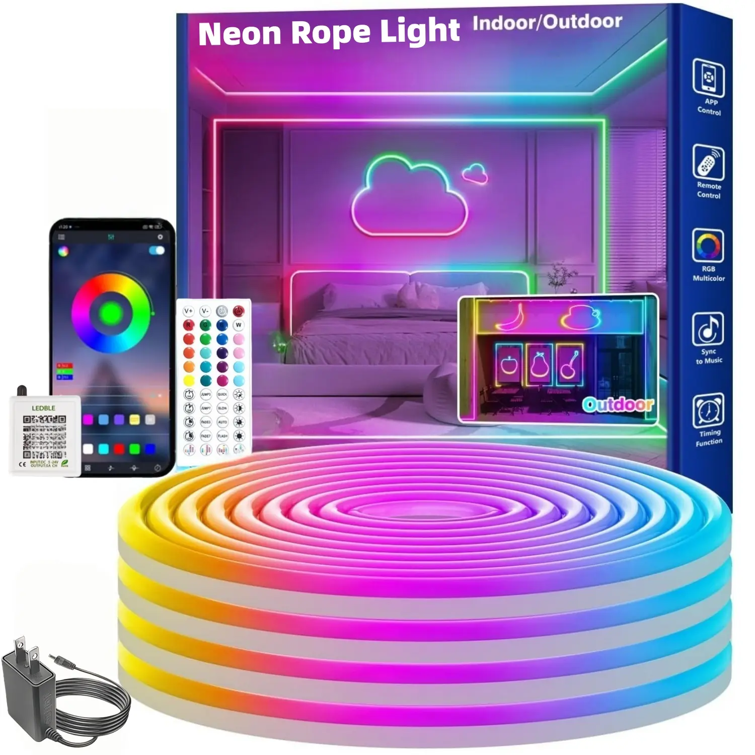 LED Neon Strip Lights, LED Neon Rope Lights With Remote APP Control IP67 Waterproof Flexible Neon LED Strip Lights 24V RGB LED Lights For Bedroom Indoors Outdoors Decor(10FT, 16.4FT, 20FT, 32.8FT, 50FT)