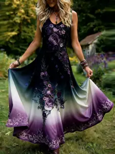 Women's Summer Garden Party Vintage Sleeveless Flowy Long Dress, Gradient Rose Print Maxi Dress, Elegant Boho Style
