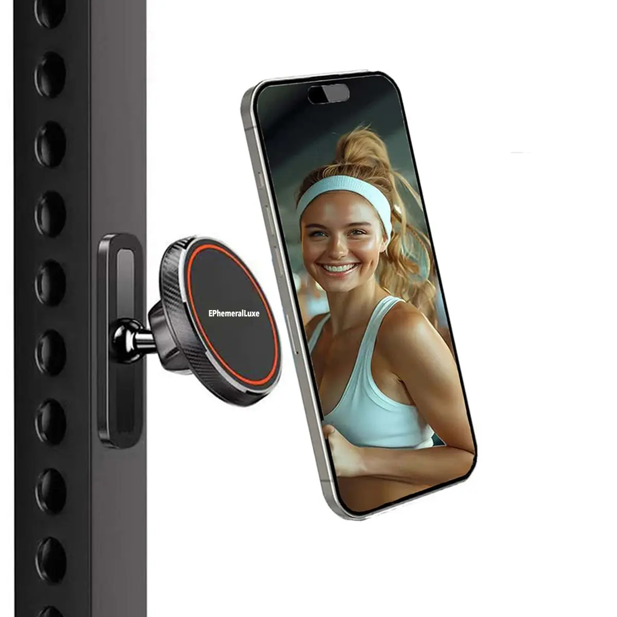 EPhemeralLuxe Magnetic Cell Phone Mount, Minimalist Metal & Silicone Design, 360° Rotatable MagSafe-Compatible Sports Accessory for Gym, Fitness Exercise Machine Accessory