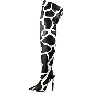 Thigh high boots for women striped Back zipper Burgundy Zebra Print Over the knee Sexy gold white pointed toe Cow Print leopard Magenta stiletto heel